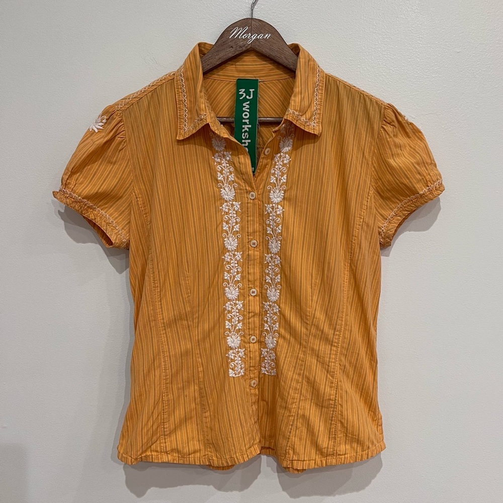 Johnny Was 3J Workshop Orange Embroidered 100% Cotton Button Down Blouse, Med
